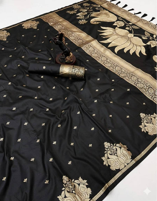 Deserving Black Soft Silk Saree With Efflorescence Blouse Piece