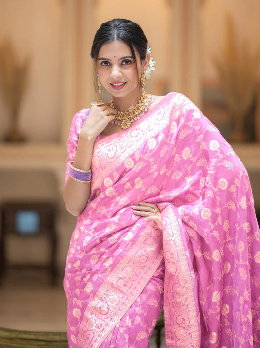 Flameboyant Baby Pink Soft Silk Saree With Opulent Blouse Piece