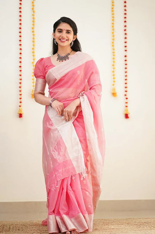 Precious Pink Cotton Silk Saree With Unique Blouse Piece