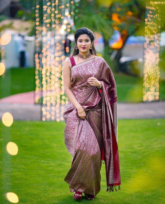 Admirable Dark Maroon Soft Banarasi Silk Saree With Stylish Blouse Piece