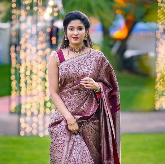 Admirable Dark Maroon Soft Banarasi Silk Saree With Stylish Blouse Piece
