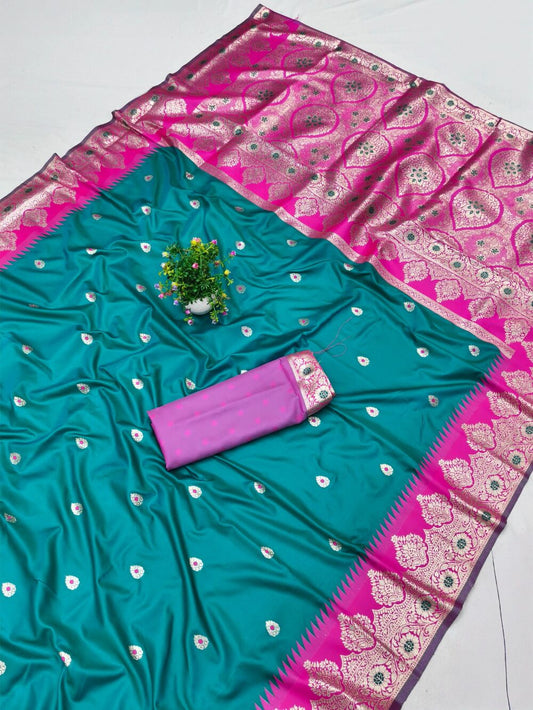 Ethnic Firozi Pure Zari Weaving Banarasi Silk Saree With Preferable Blouse Piece