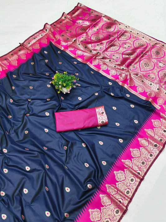 Supernal Navy Blue Pure Zari Weaving Banarasi Silk Saree With Delectable Blouse Piece