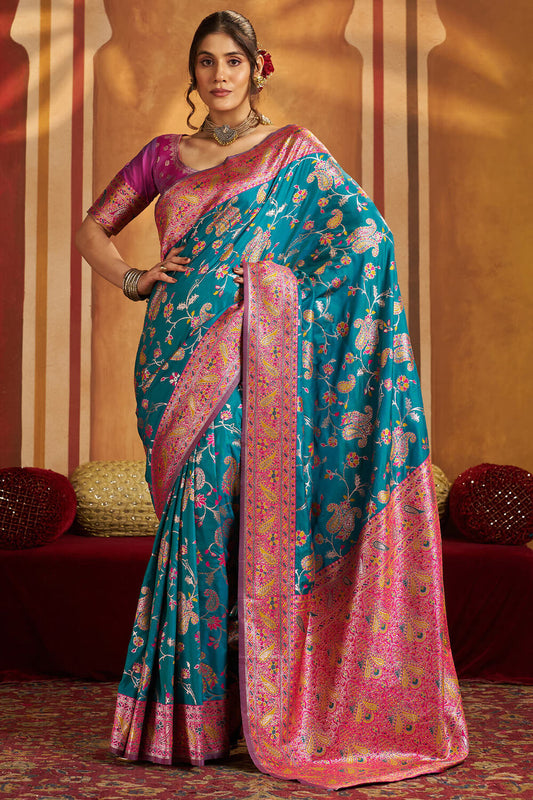 Demesne Firozi Pure Zari Weaving Banarasi Silk Saree With Arresting Blouse Piece