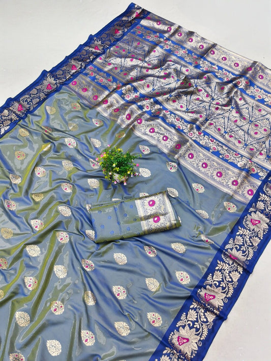 Dalliance Blue Pure Zari Weaving Banarasi Silk Saree With Vivacious Blouse Piece