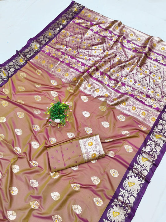 Jubilant Brown Pure Zari Weaving Banarasi Silk Saree With Lassitude Blouse Piece