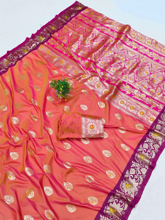 Seraphic Pink Pure Zari Weaving Banarasi Silk Saree With Eye-catching Blouse Piece