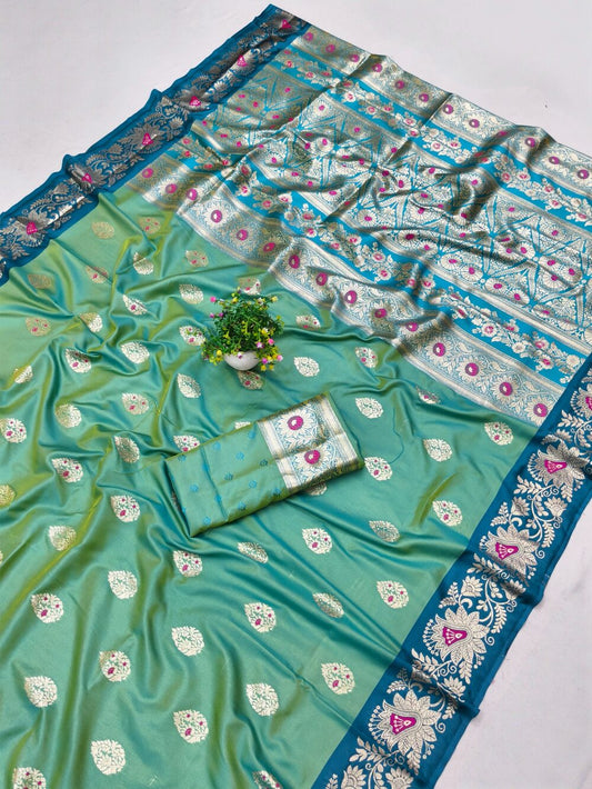 Forbearance Sea Green Pure Zari Weaving Banarasi Silk Saree With Designer Blouse Piece