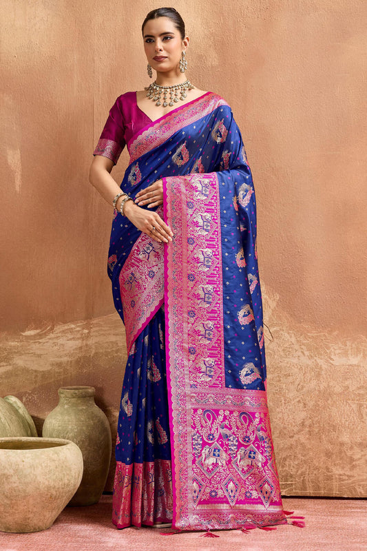 Lassitude Navy Blue Pure Zari Weaving Banarasi Silk Saree With Adorable Blouse Piece