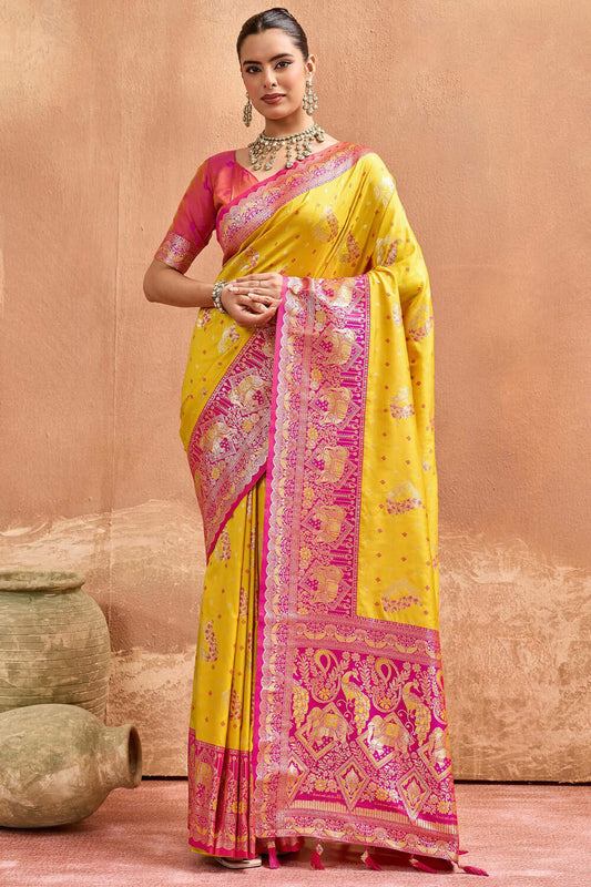 Snappy Yellow Pure Zari Weaving Banarasi Silk Saree With Pleasurable Blouse Piece