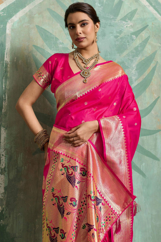 Sempiternal Dark Pink Paithani Silk Saree With Smashing Blouse Piece