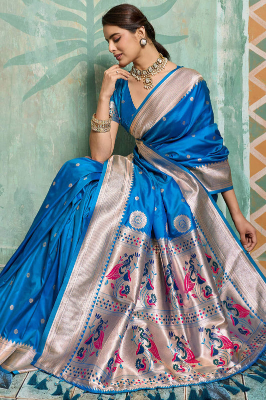 Ornate Firozi Paithani Silk Saree With Posh Blouse Piece