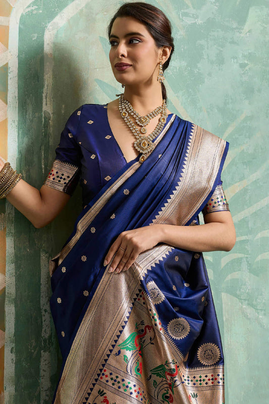Splendiferous Navy Blue Paithani Silk Saree With Fragrant Blouse Piece