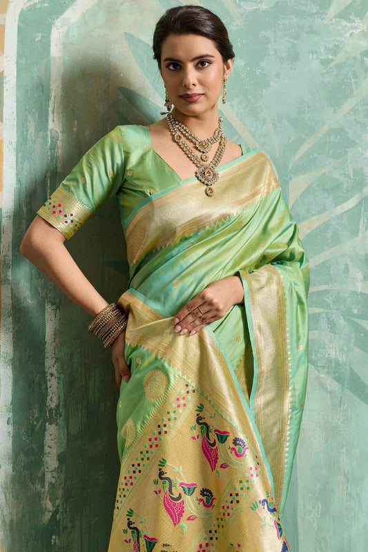 Scintillating Pista Paithani Silk Saree With Amazing Blouse Piece