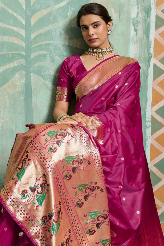 Effulgent Wine Paithani Silk Saree With Enthralling Blouse Piece