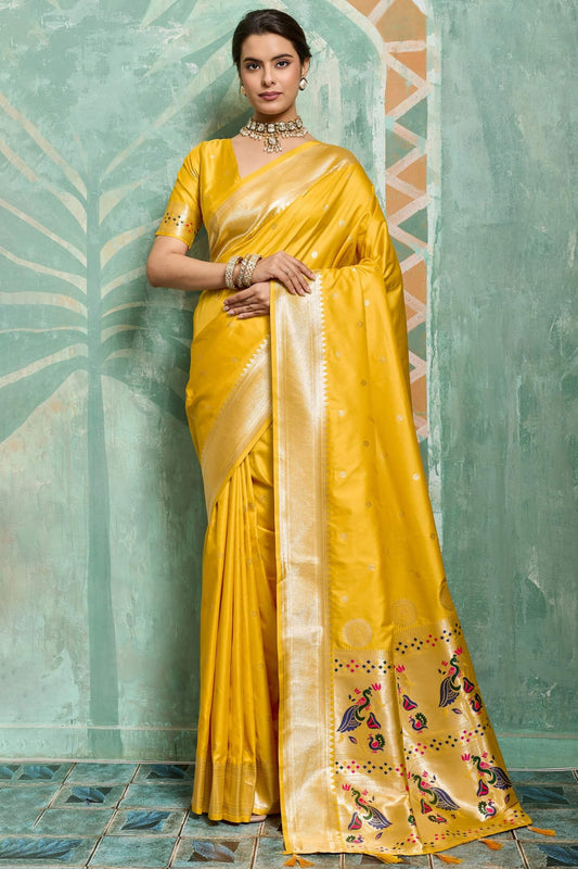 Rhapsody Yellow Paithani Silk Saree With Refreshing Blouse Piece