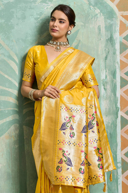 Rhapsody Yellow Paithani Silk Saree With Refreshing Blouse Piece