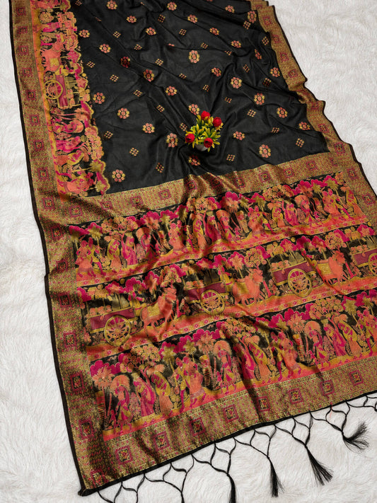 Fantabulous Black Pashmina Silk Saree With Staggering Blouse Piece