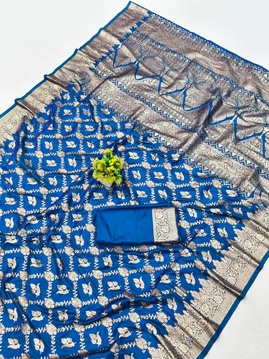 Demure Blue Pure Zari Weaving Banarasi Silk Saree With Adorning Blouse Piece