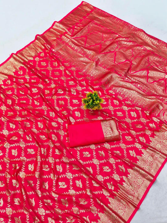 Efflorescence Dark Pink Pure Zari Weaving Banarasi Silk Saree With Engrossing Blouse Piece