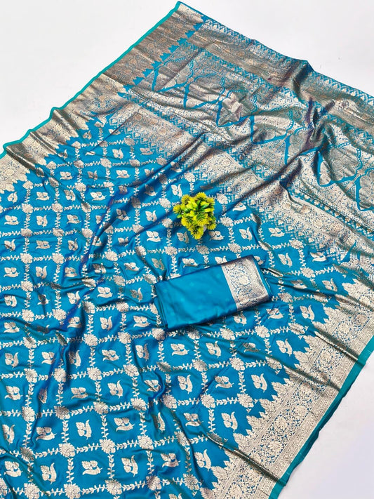 Zephyr Firozi Pure Zari Weaving Banarasi Silk Saree With Amazing Blouse Piece