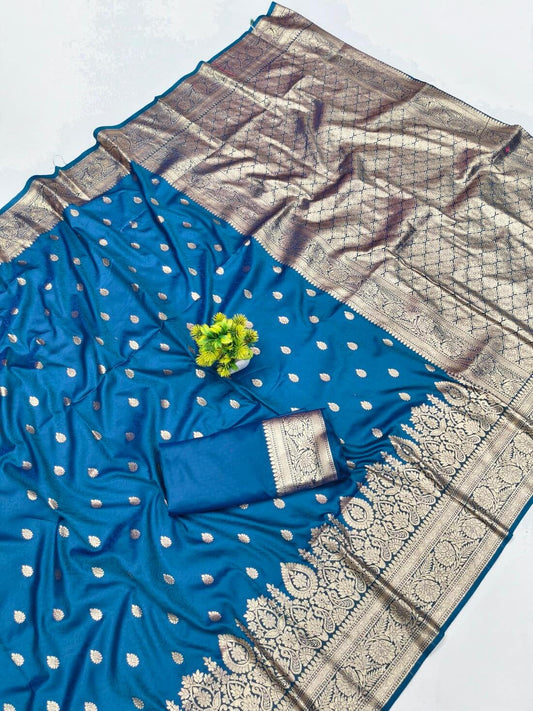 Majesty Blue Pure Zari Weaving Banarasi Silk Saree With Stunning Blouse Piece