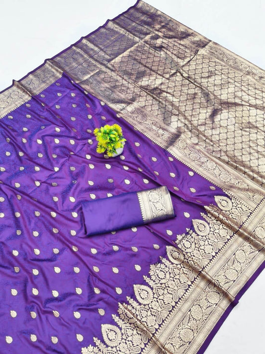 Evocative Purple Pure Zari Weaving Banarasi Silk Saree With Glittering Blouse Piece