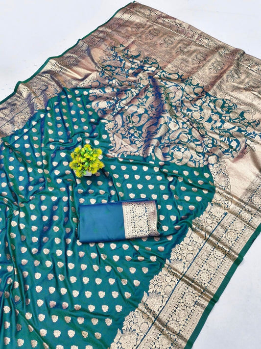 Desirable Rama Pure Zari Weaving Banarasi Silk Saree With Nebula Blouse Piece