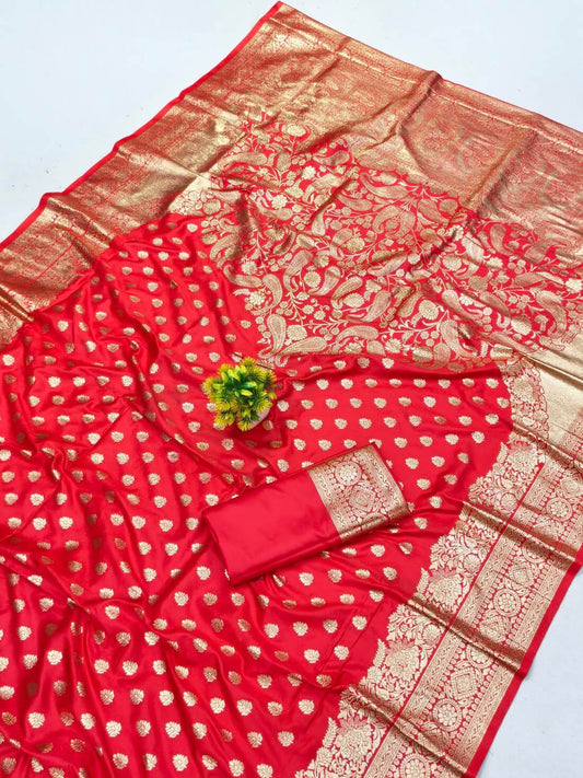 Lassitude Red Pure Zari Weaving Banarasi Silk Saree With Tremendous Blouse Piece