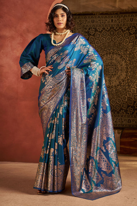 Sumptuous Rama Pure Zari Weaving Banarasi Silk Saree With Delightful Blouse Piece