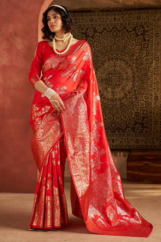 Opulent Red Pure Zari Weaving Banarasi Silk Saree With Redolent Blouse Piece