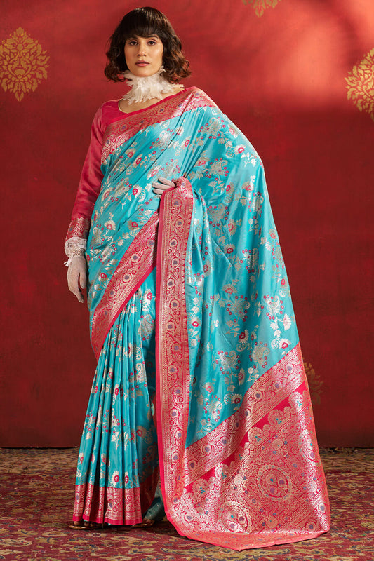Transcendent Turquoise Pure Zari Weaving Banarasi Silk Saree With Jazzy Blouse Piece