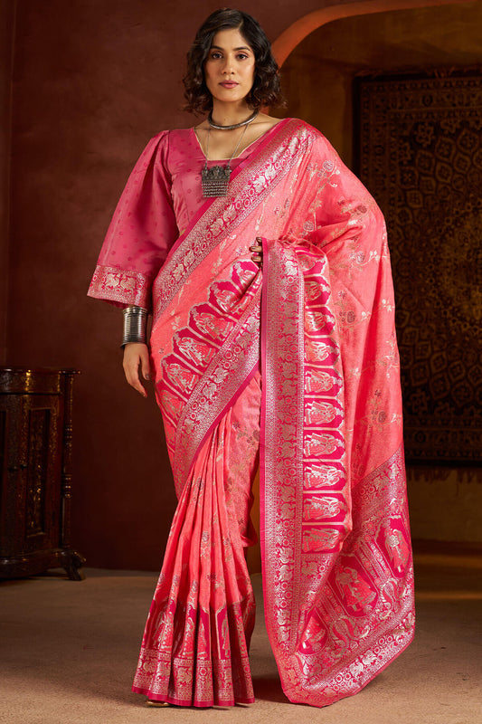Elision Pink Pure Zari Weaving Banarasi Silk Saree With Desiring Blouse Piece