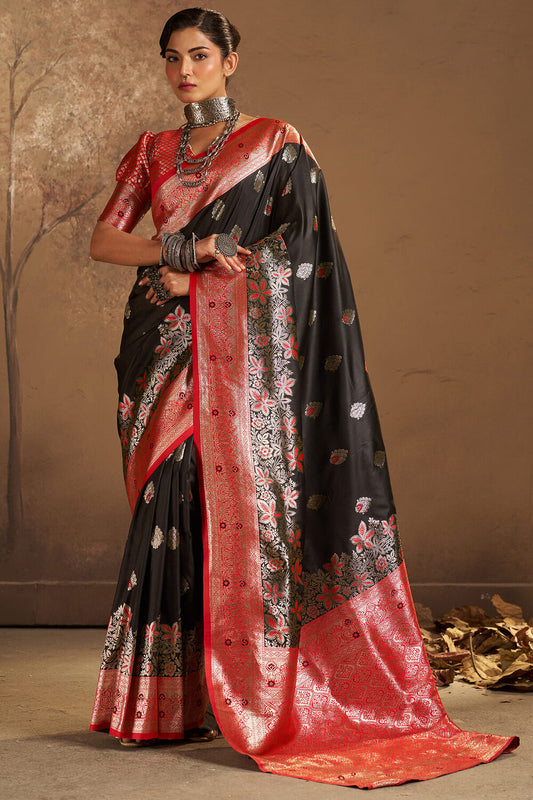 Posh Black Pure Zari Weaving Banarasi Silk Saree With Magnificat Blouse Piece