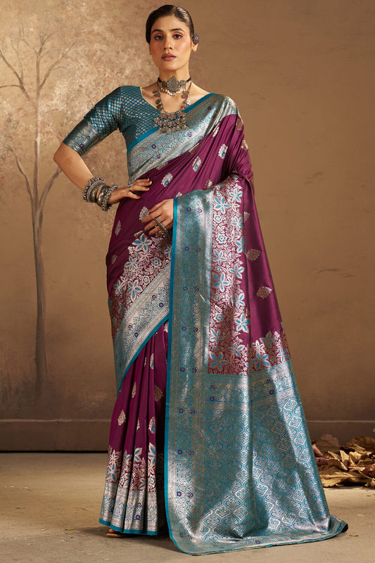 Glamorous Purple Pure Zari Weaving Banarasi Silk Saree With Desultory Blouse Piece