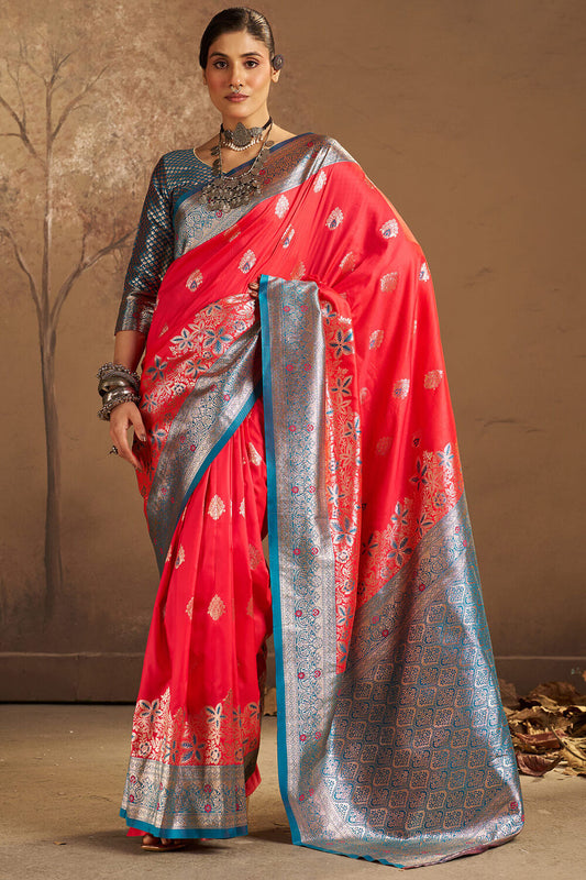 Flameboyant Red Pure Zari Weaving Banarasi Silk Saree With Lovely Blouse Piece