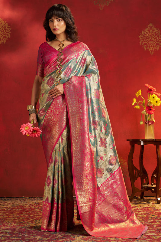 Eloquence Rama Kanjivaram Silk Saree With Lustrous Blouse Piece