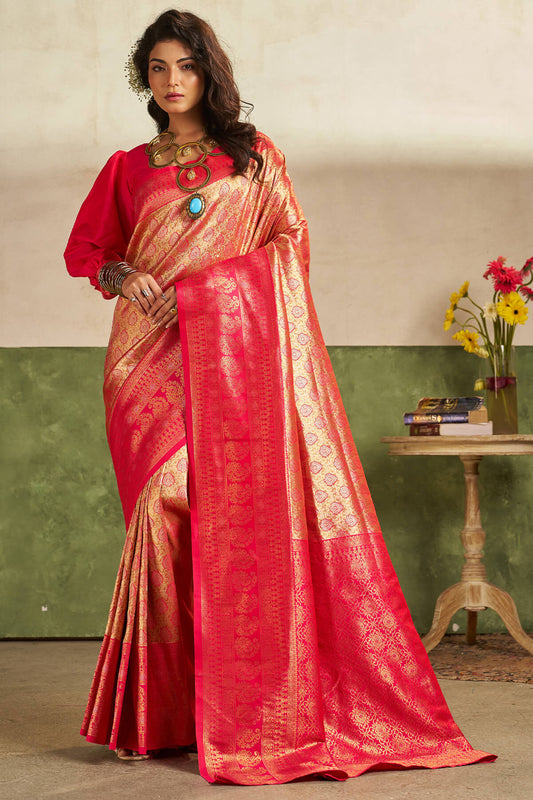 Smashing Dark Pink Kanjivaram Silk Saree With Appealing Blouse Piece