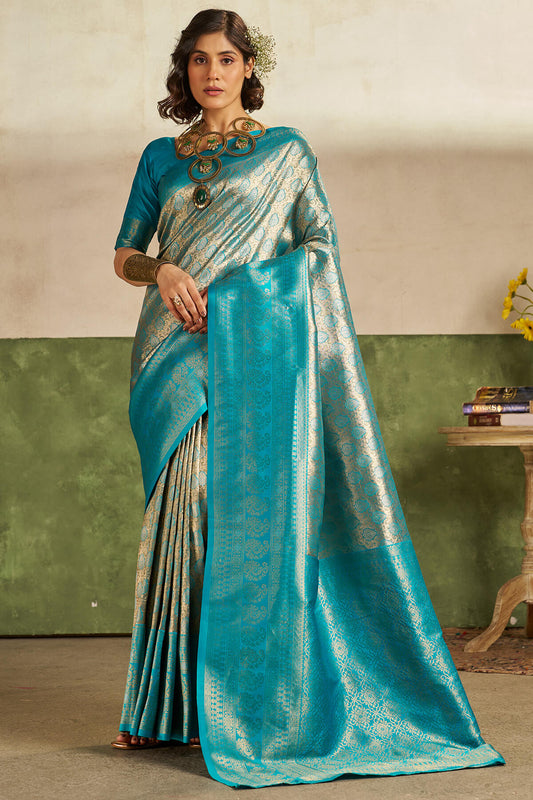 Ethereal Firozi Kanjivaram Silk Saree With Elegant Blouse Piece
