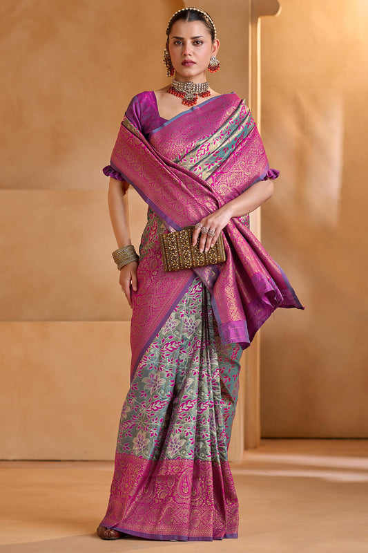 Hypnotic Rama Kanjivaram Silk Saree With Petrichor Blouse Piece