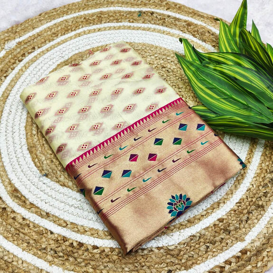 Sophisticated Beige Organza Paithani Silk Saree With Pulsating Blouse Piece