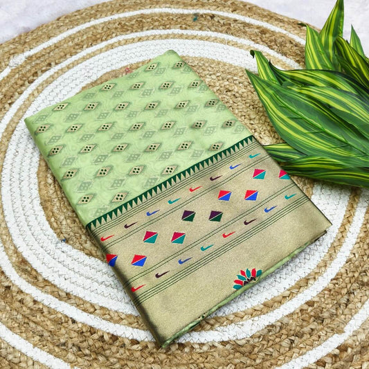 Eye-catching Pista Organza Paithani Silk Saree With Admirable Blouse Piece