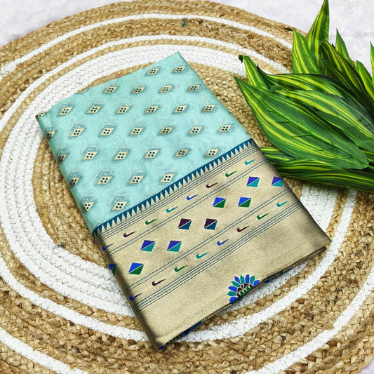Fantabulous Sky Organza Paithani Silk Saree With Preferable Blouse Piece