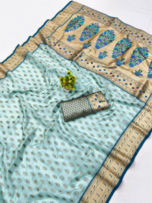 Fantabulous Sky Organza Paithani Silk Saree With Preferable Blouse Piece