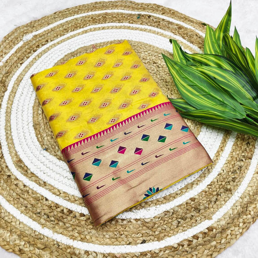 Inspiring Yellow Organza Paithani Silk Saree With Vivacious Blouse Piece