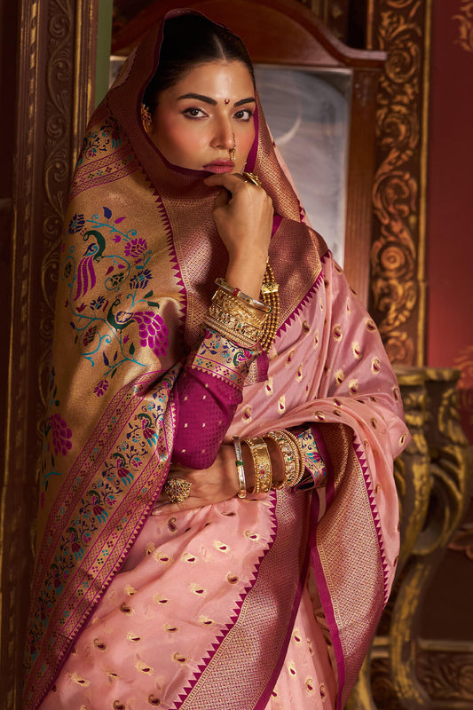 Breathtaking Baby Pink Organza Paithani Silk Saree With Enigmatic Blouse Piece