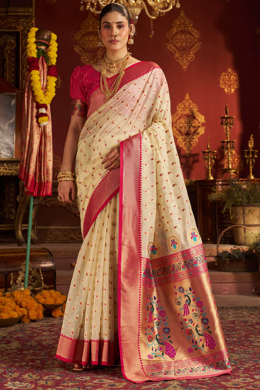 Dulcet Beige Organza Paithani Silk Saree With Splendorous Blouse Piece