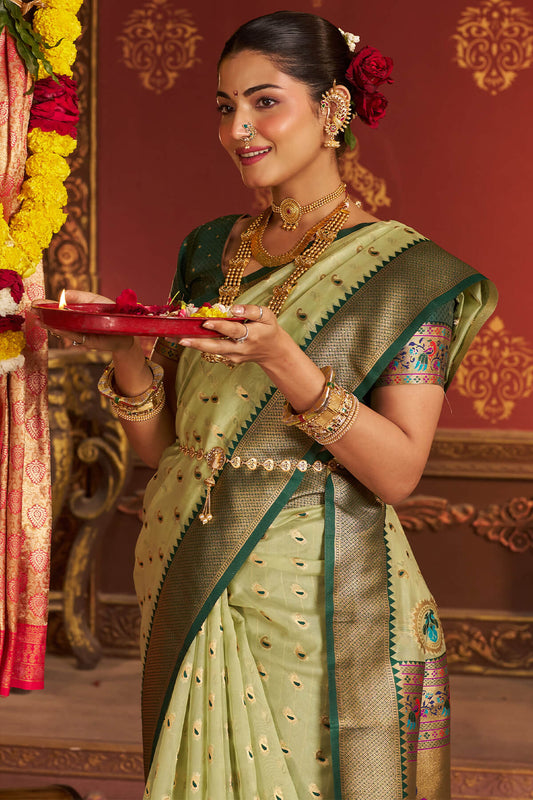 Blooming Pista Organza Paithani Silk Saree With Panache Blouse Piece