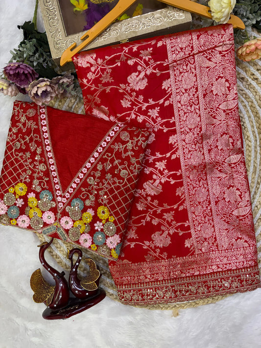 Prettiest Red Embroidery Work Soft Silk Saree With Designer Blouse Piece