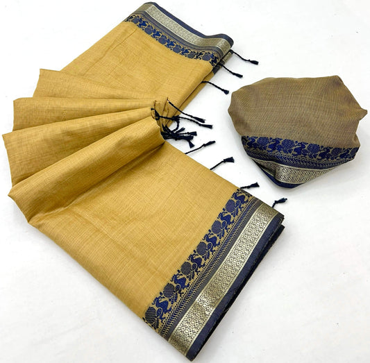 Lissome Dark Beige Cotton Silk Saree With Majesty Blouse Piece
